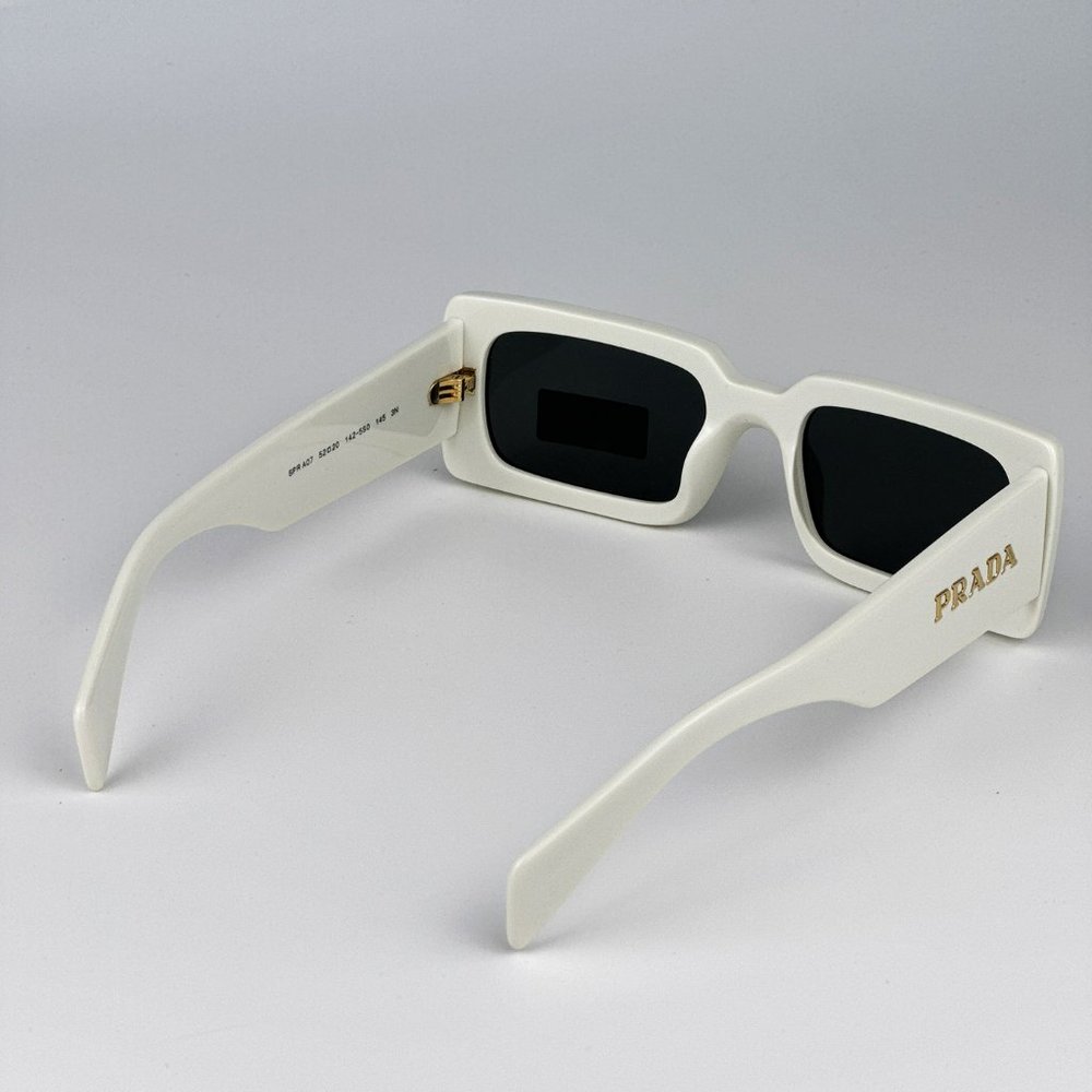 Prada PR A07S 1425S0 Sunglasses Talc White Dark Grey Rectangle Unisex - Picture 6 of 10